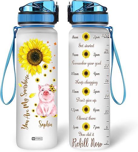 Miniatura 1 de Hyturtle Botella de agua motivacional personalizada con texto en inglés You Are My Sunshine de cerdo de girasol, nombre personalizado con marcador