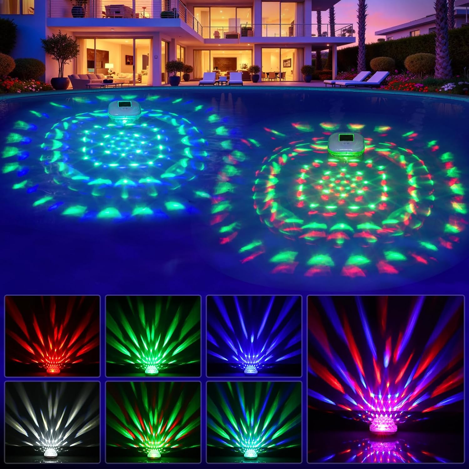Floating Pool Lights Solar w/ 9 Dynamic Lighting, RGB Color Changing Solar Pool Lights That Float, IP68 Waterproof Floating Light for Hot Tub,Bath,Pond, Holiday Outdoor Garden Party Decor(2)