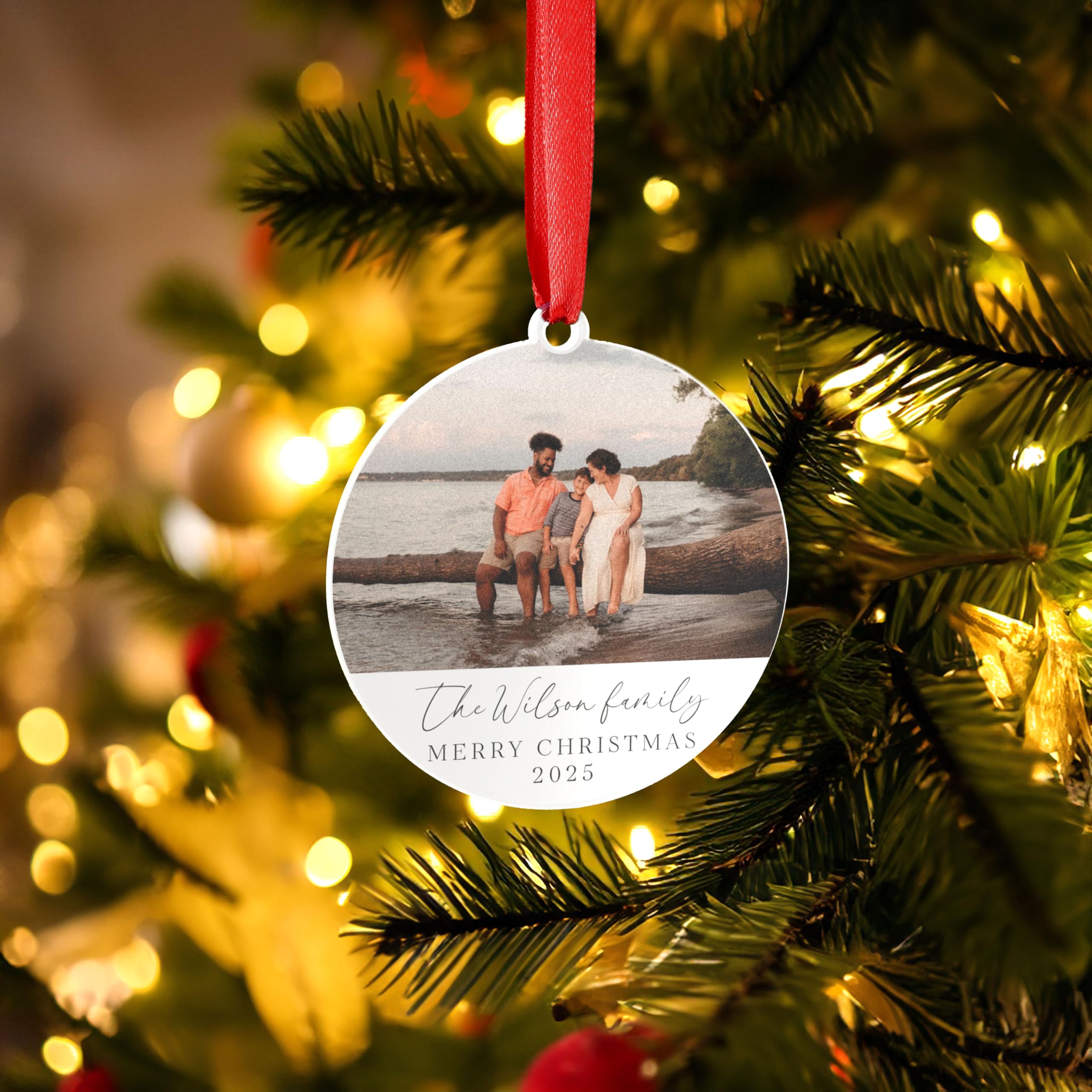 Personalised Family Christmas Bauble Ornament Couple Baby Scan Newly Weds Engagement Wedding Present Photo (White)