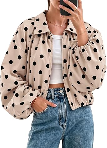 Bankeng Women Polka Dot Jacket Puffed Sleeve Bomber Jacket Lapel Collar Zip Up Cropped Loose Fall Spring Pleated Coat