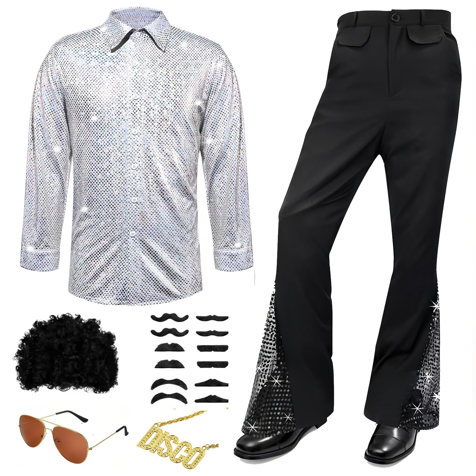 JoyinTcos Disco Costume Men 70s Fancy Dress Costume Set with Sequin Shirt Necklace Glasses Beard Outfit Halloween Costumes For Adults