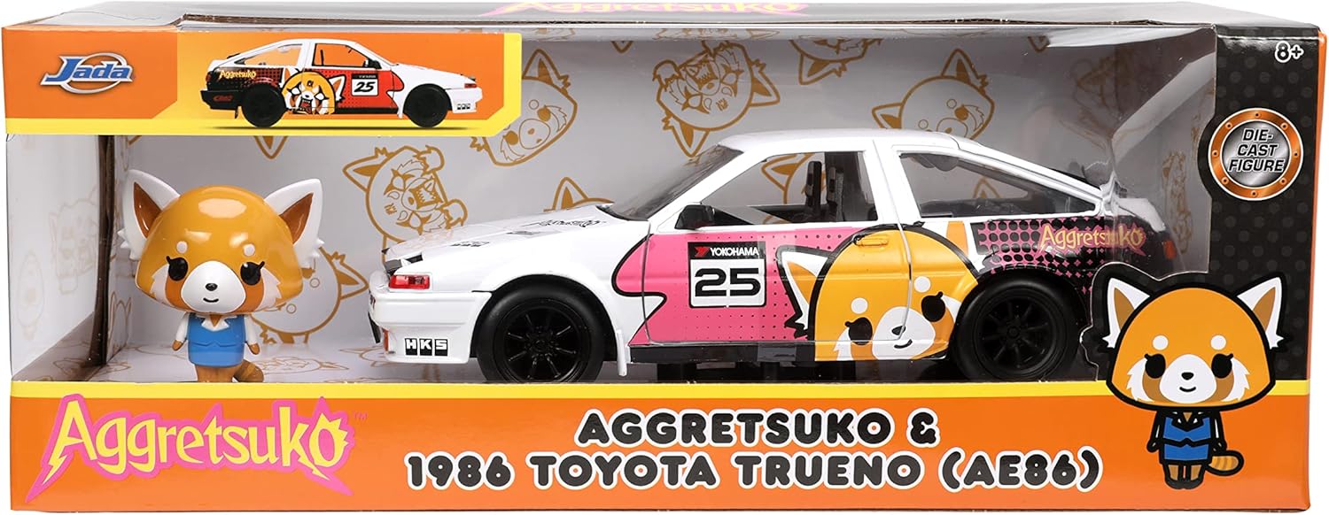 Jada Toys Sanrio 1:24 1986 Toyota Trueno (AE86) Die-cast Car & Aggretsuko Figure, Toys for Kids and Adults (33725)