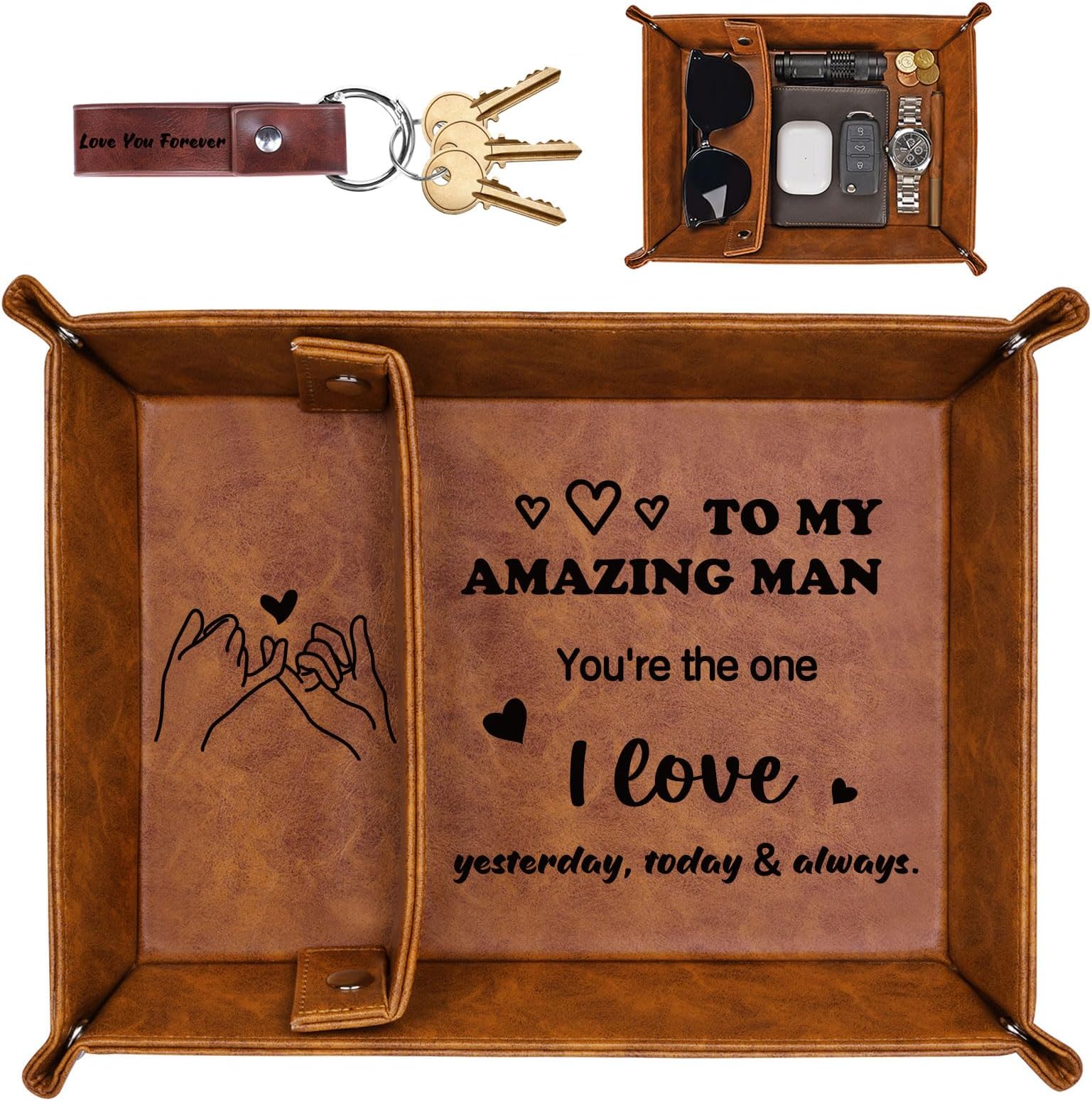 Bedside Organiser Gifts for Him, Mens PU-Leather Valet Tray Gifts, I Love You Gift Set for Husband Boyfriend, Anniversary Birthday Presents Nightstand Tray for Mens Accessories
