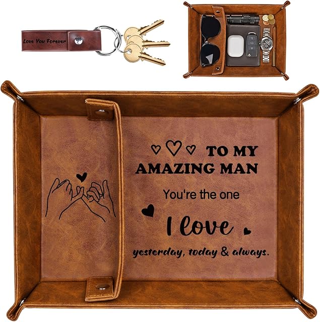 Valentines Bedside Organiser Gifts for Him, Mens Valentines Day Leather Valet Tray Gifts, I Love You Gift Set for Husband Boyfriend, Anniversary Birthday Presents Nightstand Tray for Mens Accessories