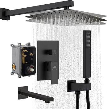 CASAINC Dual Shower Head Shower System With Tub Spout 3 Function 10" Wall Mounted Shower Valve Kit Luxury Rainfall Shower Head Combo, CUPC Certified Matte Black