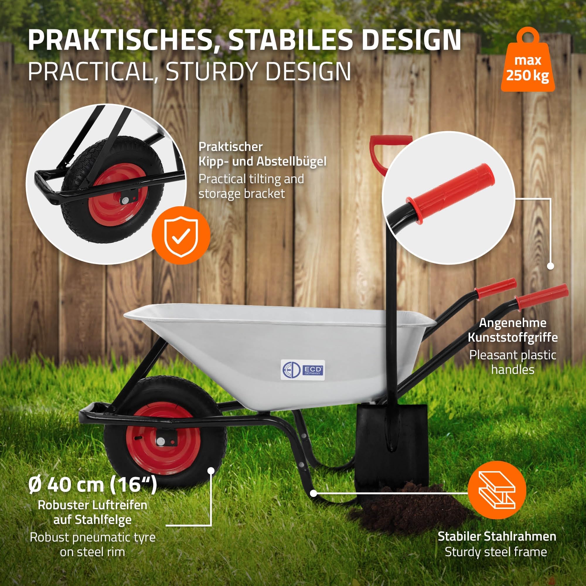 ECD Germany Carriola da Cantiere con Telaio in Metallo e Vasca in Acciaio Zincato Capacità 100 L 250 kg per Trasporto con Ruota in Gomma Pneumatico Diametro 40 cm 16" Manici Lunghi