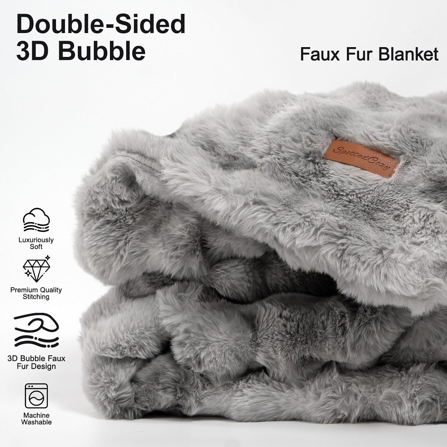 Premium Double-Sided Faux Rabbit Fur Twin Blanket for Couch, Gray Luxury 3D Bubble Texture Cozy Blanket, Ultra Soft Warm Plush Fluffy Gift for Bedroom Home Boho Decor, 60" x 80" - Image 2