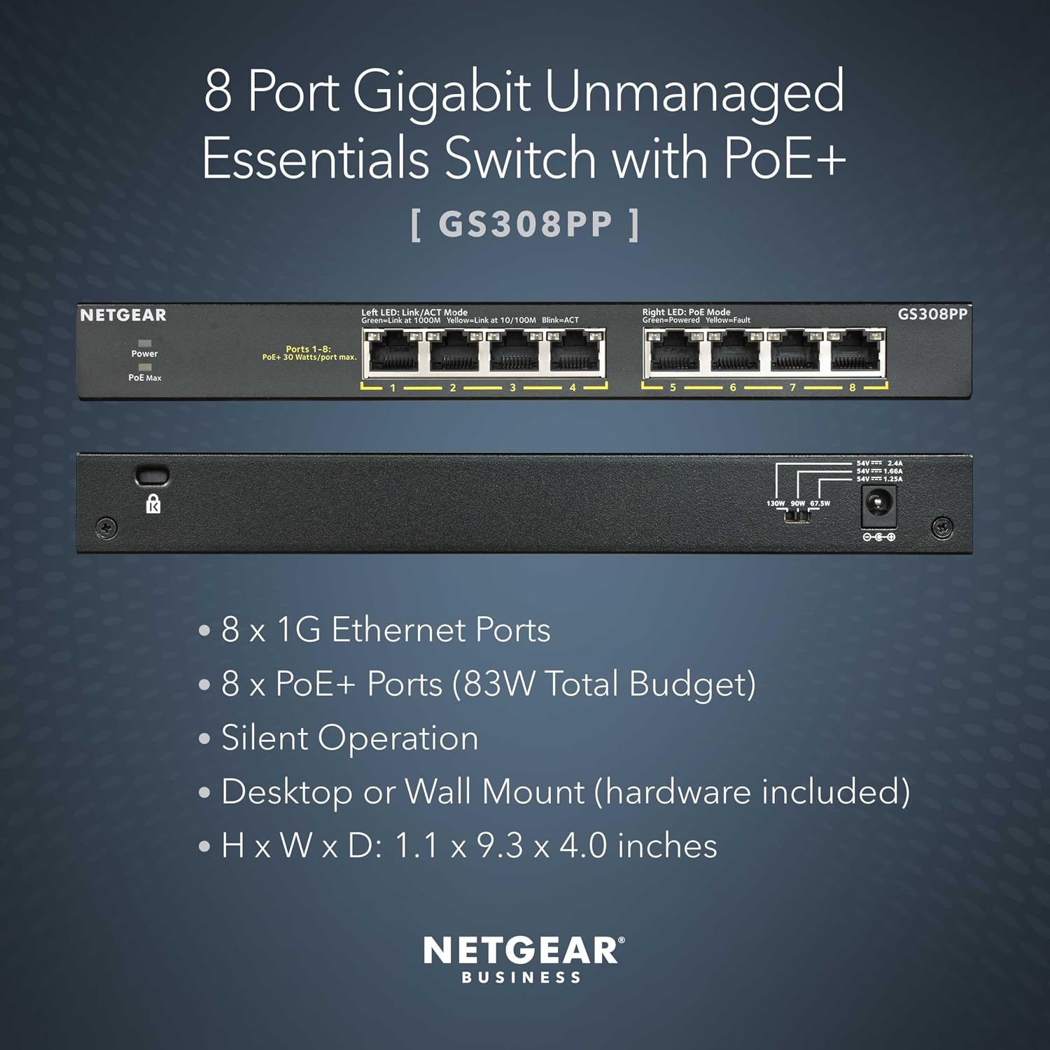 NETGEAR GS308PP Switch Front and Rear View z funkcjami