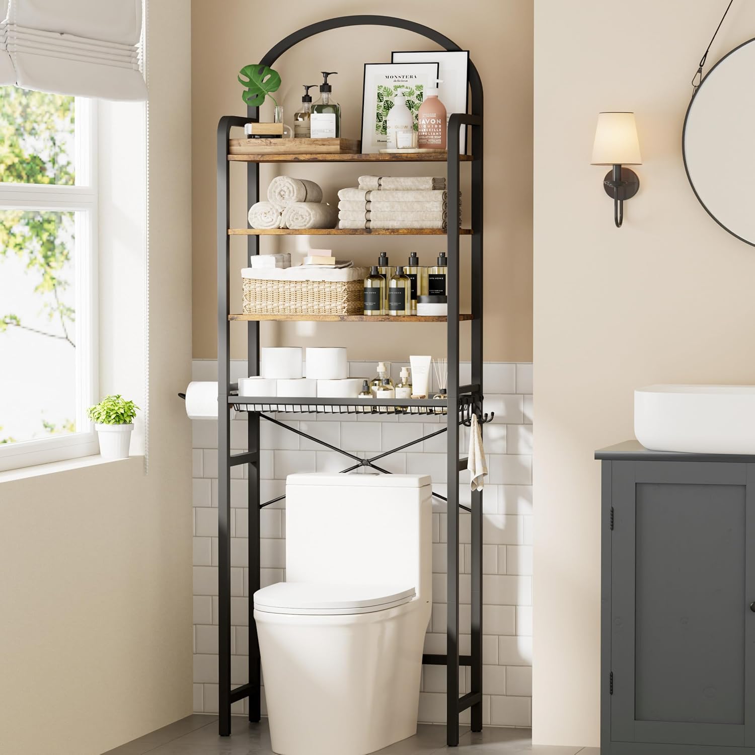 Homhedy 4-Tier Over The Toilet Storage with 4 Hooks and Paper Holder, Space Saving, Bathroom Organizer with Adjustable Feet, Metal Frame and Wooden Shelf,Rustic Brown and Black
