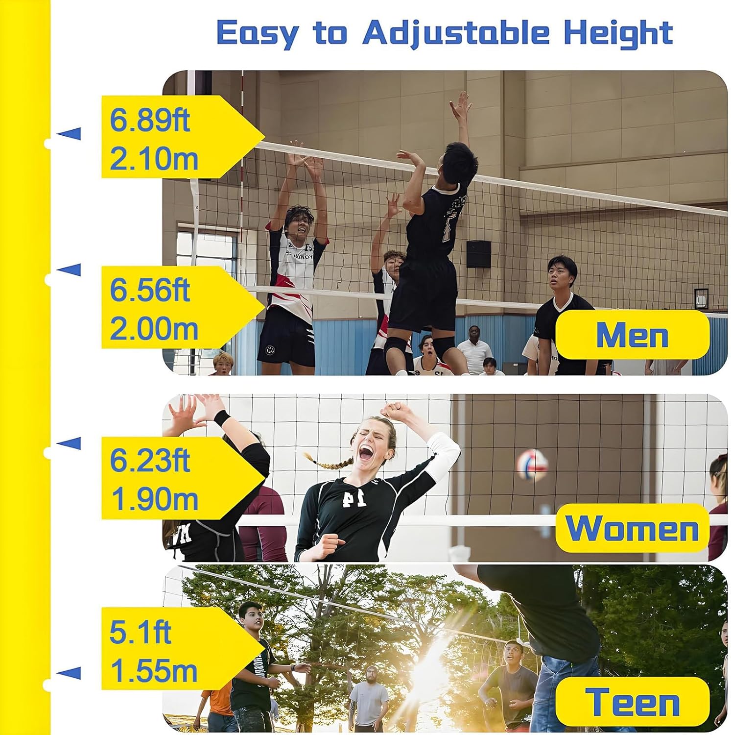 Heavy Duty Adjustable Badminton & Volleyball Poles with Rolling Base for Indoor/Outdoor Use, 5.1ft-6.9ft Height, Portable Volleyball Training Stand Set