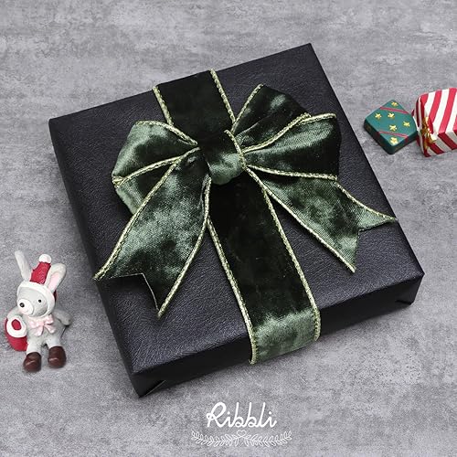 Vista 37 de Ribbli - Cinta de terciopelo dorado verde oscuro metálico con alambre de 2.5 pulgadas, cinta navideña de terciopelo arrugado para envoltura, decorar