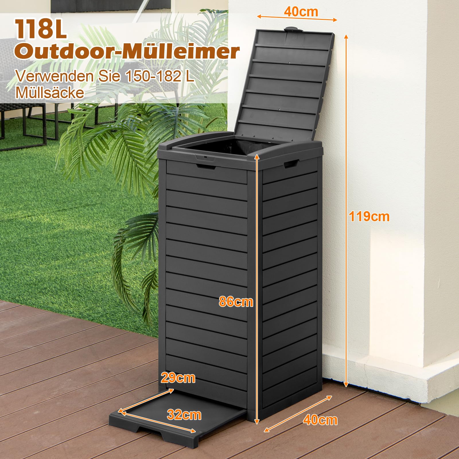 COSTWAY Poubelle d'Extérieur 118L en Résine avec Plateau à Liquide, Résistante au Soleil et à l'Eau pour Jardin, Terrasse, Noir - Maison