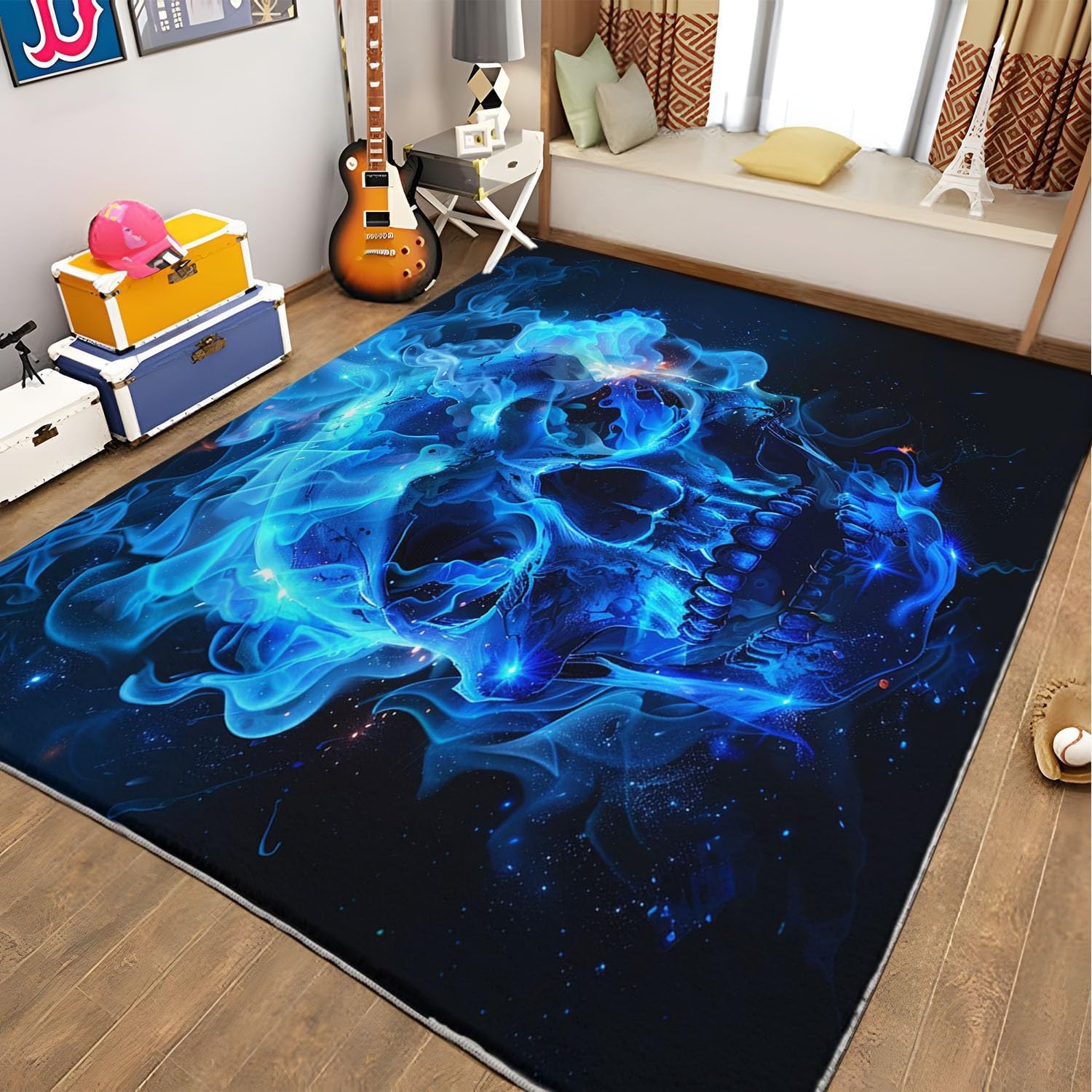 Machine Washable Area Rug Non-Shedding & Easy Care Horror Theme, Skull, Blue Flames Rugs for Living Room, Dining, Kitchen, Office, Entryway, Bedroom, Hardwood Floor Decor 2ft x 3ft
