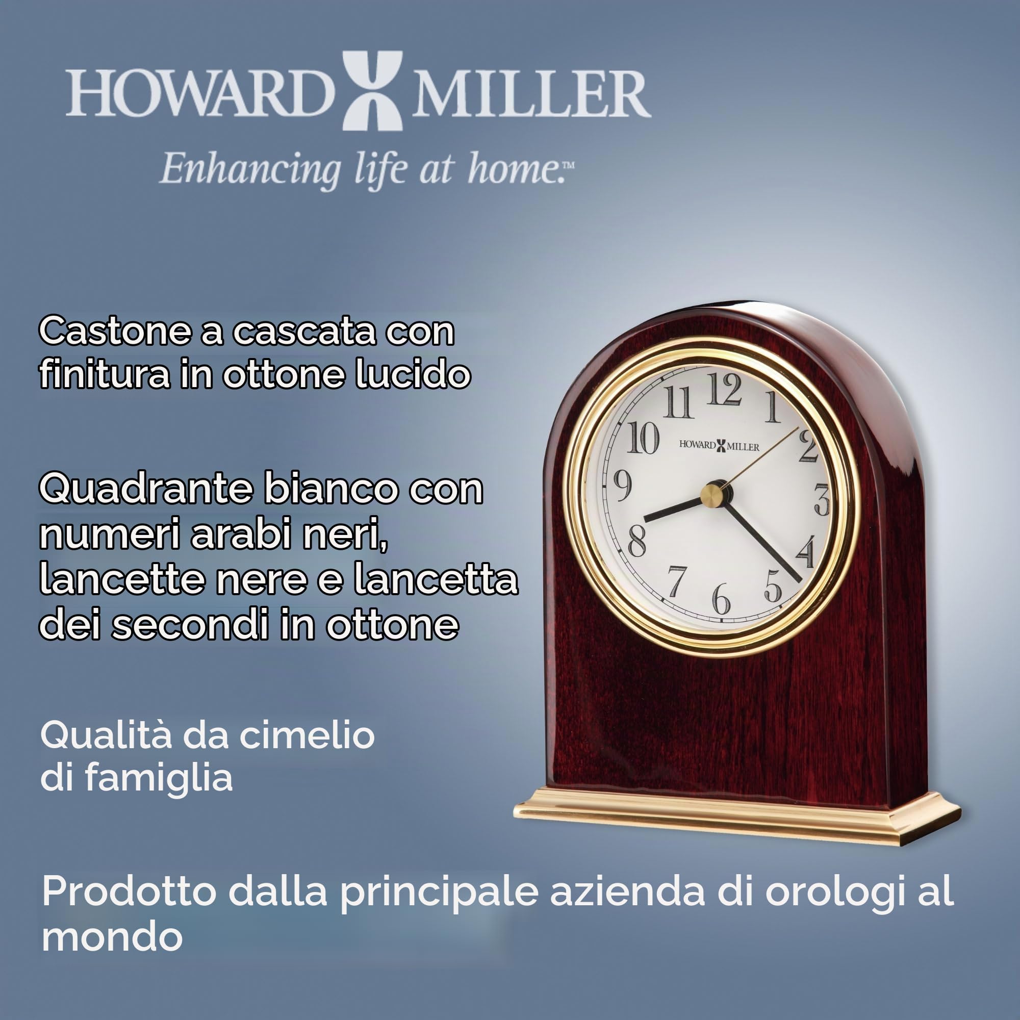 Howard Miller Orologio da Tavolo Monroe 645446 - Decorazione Moderna Per La Casa, Orologio a Forma di Arco, Finitura in Palissandro Lucido con Ottone, Base in Metallo, Movimento Al Quarzo
