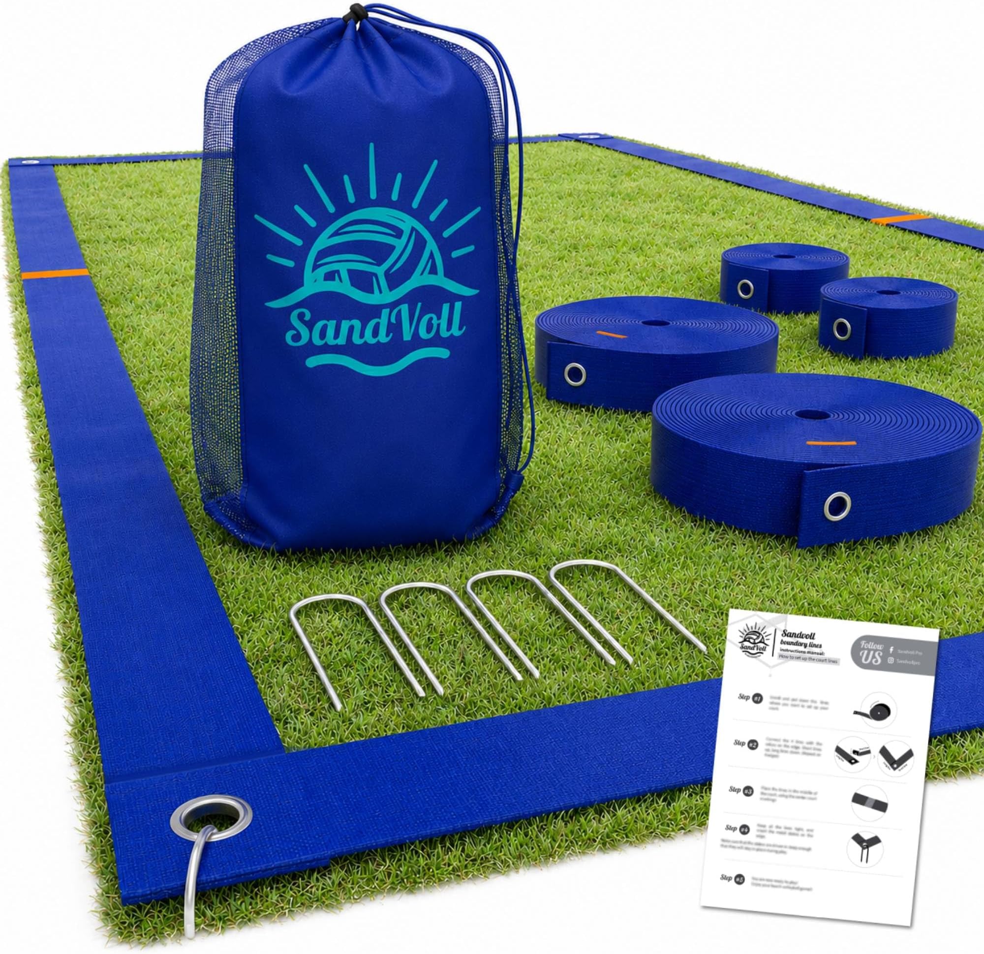 Beach Volleyball Lines for Sand - Portable 2 inch Boundary Lines Set for Outdoor + Sand Anchors and Net Bag. Official Court Size Dimensions (26.3' x 52.6')