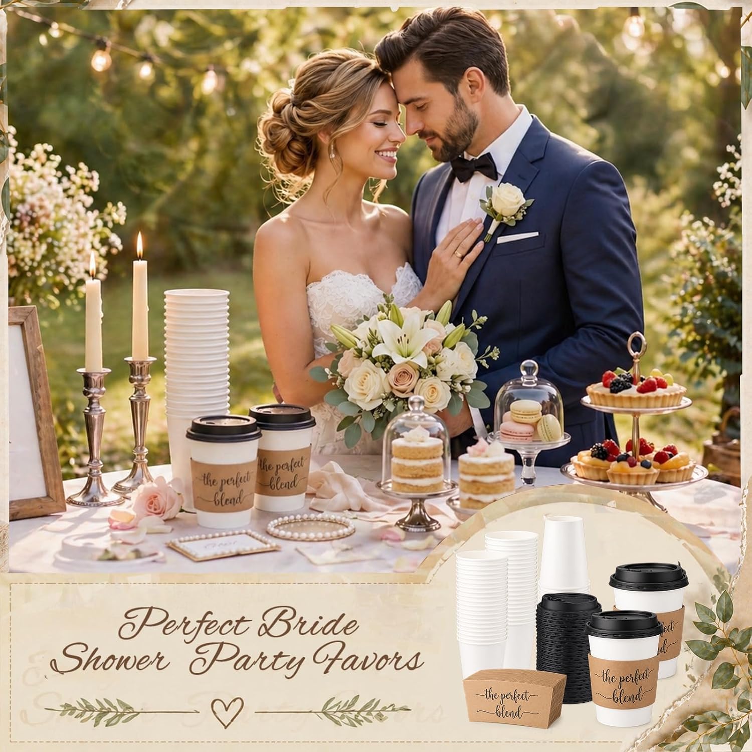 Jingmore 50 Sets 12 oz Wedding Coffee Paper Cup Sets The Perfect Blend Disposable Drinking Cups with Sleeves Lid for Bridal Shower Engagement Cafe Party Reception Favors