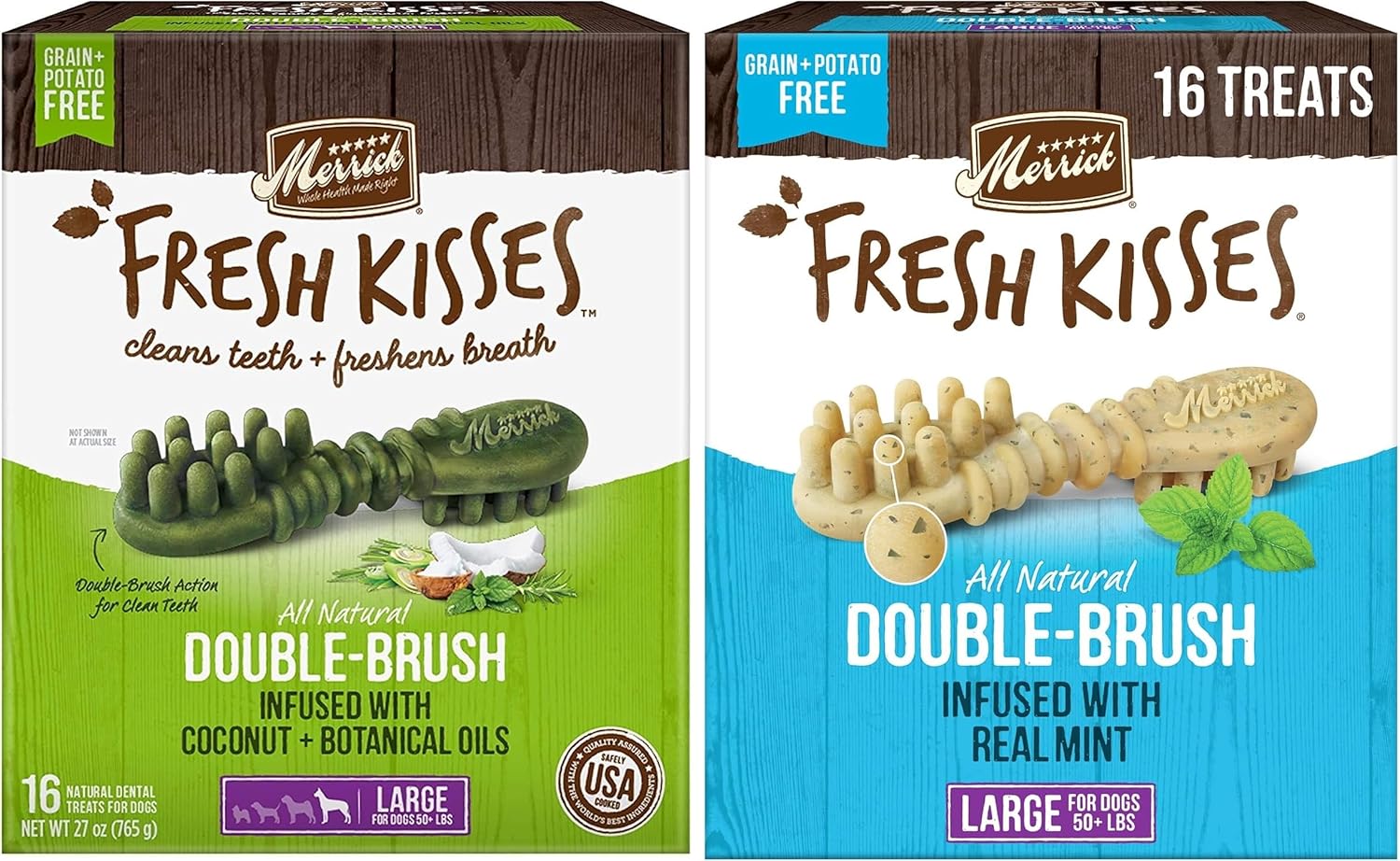 (2 Pack) Merrick Fresh Kisses Double-Brush Dental Dog Treats, Infused with Coconut & Botanical Oils and Mint Breath Strips, Cleans & Freshens Breath for Large Dogs, 16 Dental Dog Treats/Pack (Large)