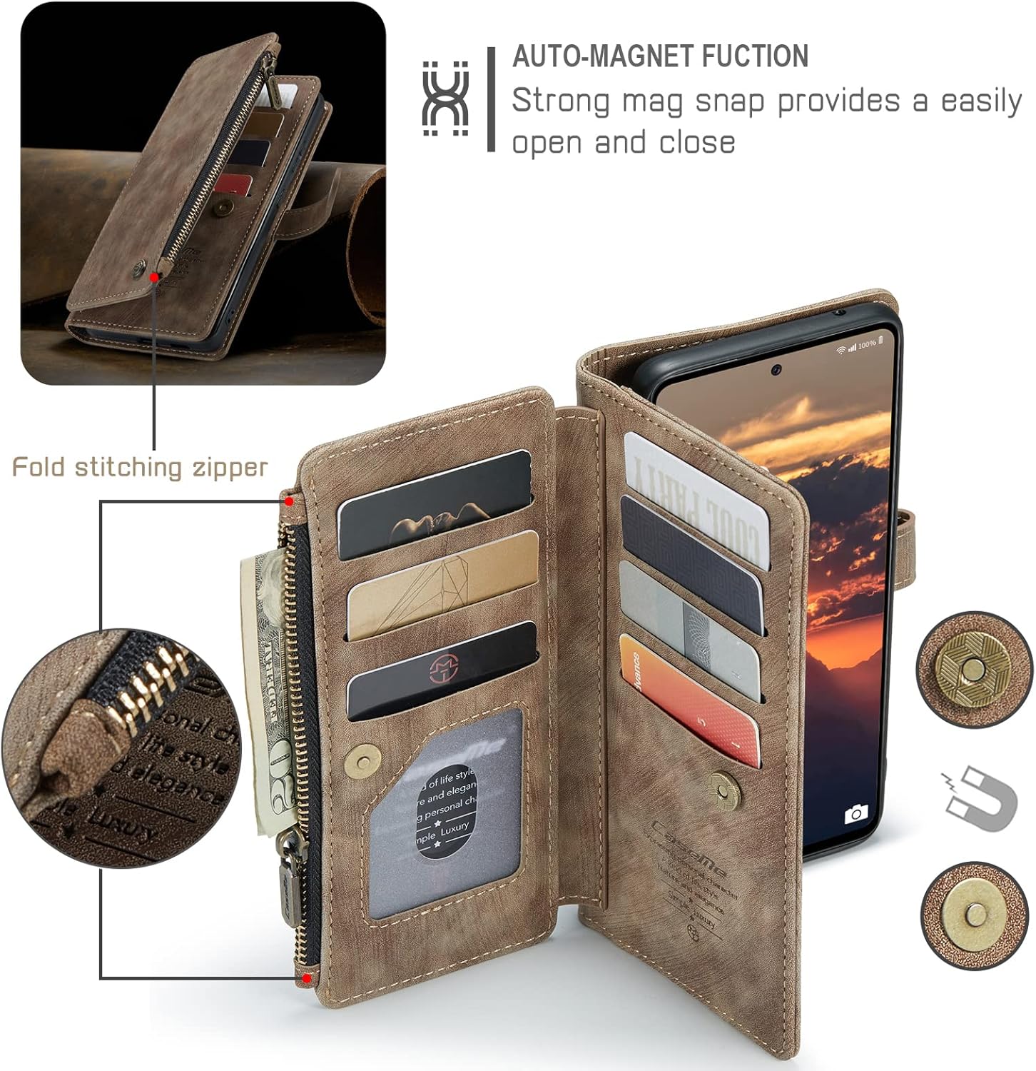 Compatible with Samsung Galaxy A53 Wallet Case with Card Holder Kickstand Magnetic Zipper Folio Lanyard Strap Wristlet,Flip Case Wallet for Galaxy A53 5G 6.5 Inch -Brown
