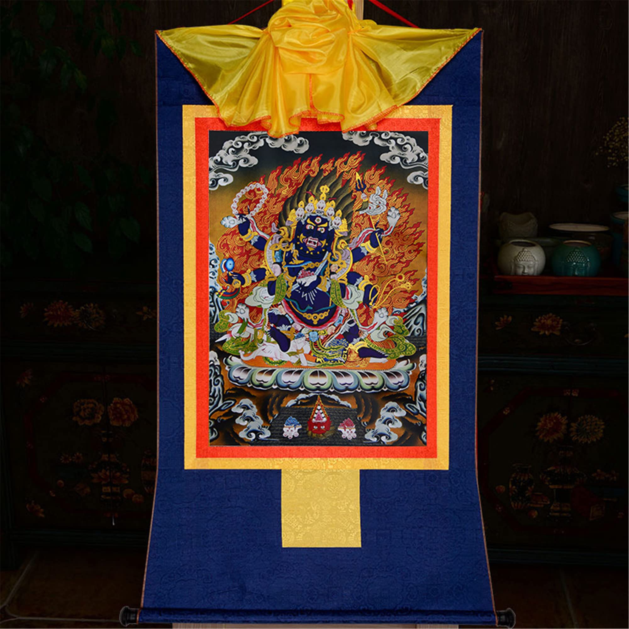 Tibetischer Thangka, Thangka-Gemälde, buddhistischer Wandteppich, sechsarmiger Mahakala, tibetische Thangka-Malerei, buddhistischer Thangka-Brokat, Buddha-Wandteppich mit Schriftrolle ( Color : Blue ,