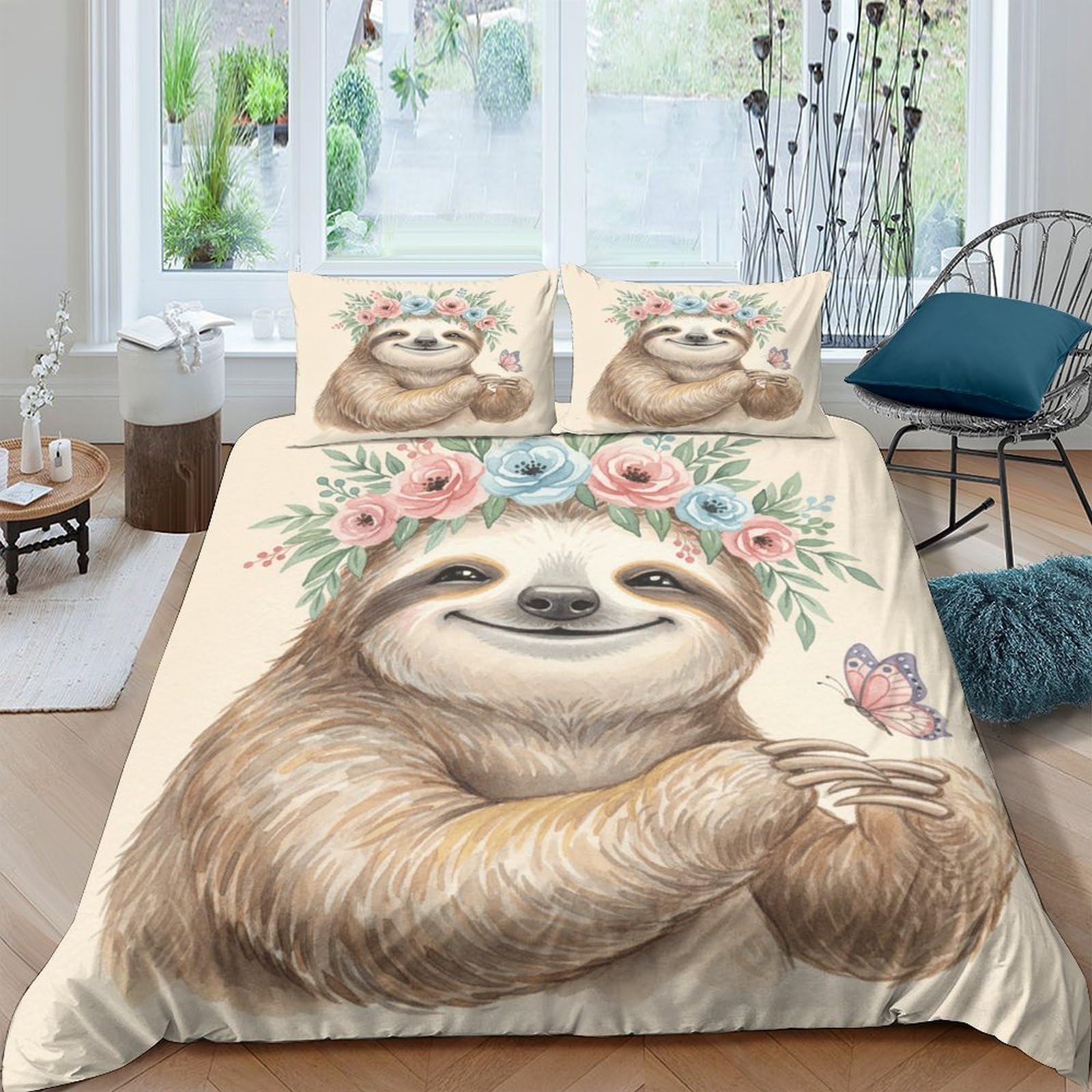 GPLZQXKJNH 3D Printed Sloth Floral Duvet Cover Microfiber Soft Breathable Butterfly Quilt Cover Set with 2 Pillowcases for Bedroom Decor Single（135x200cm）