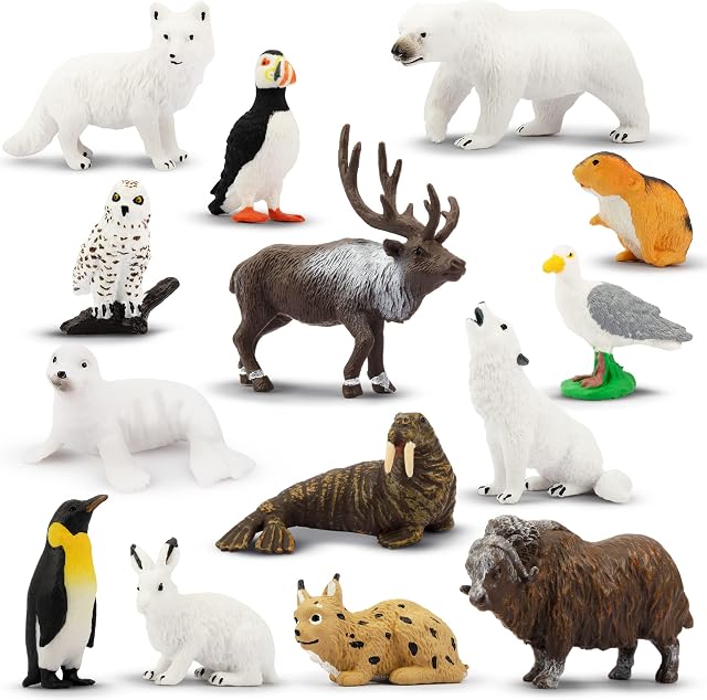 toymany 14PCS Tiny Polar Animal Figurines Toy Set Plastic Mini Arctic Animal Figure Christmas Birthday Gift Cake Toppers Educational Toy for Kids Toddlers
