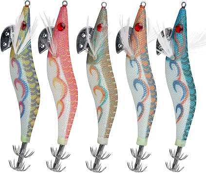 Luminous Squid Jig Saltwater Fishing Lures, 5pcs UV Shrimp Lures Glow Hard Bait Artificial Fishing Squid Jigs for Octopus Cuttlefish 2.5# - 5pcs