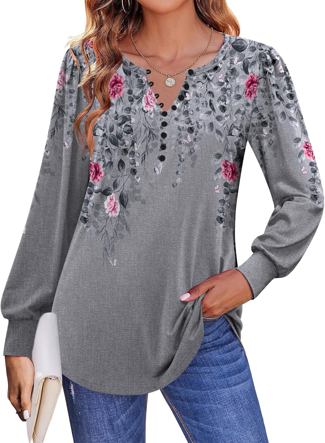 Zeagoo Fall Tops for Women Long Sleeve Button Up Shirts Floral Tunics V Neck Pullover Blouse - Image 4