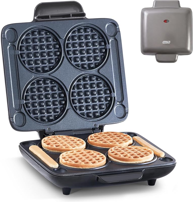 Mini gofrera múltiple, hace 4 gofres a la vez, grafito | Plancha para gofres pequeña para familias, sándwiches de desayuno para niños, palitos para gofres, chaffles y croquetas de patata, antiadherente