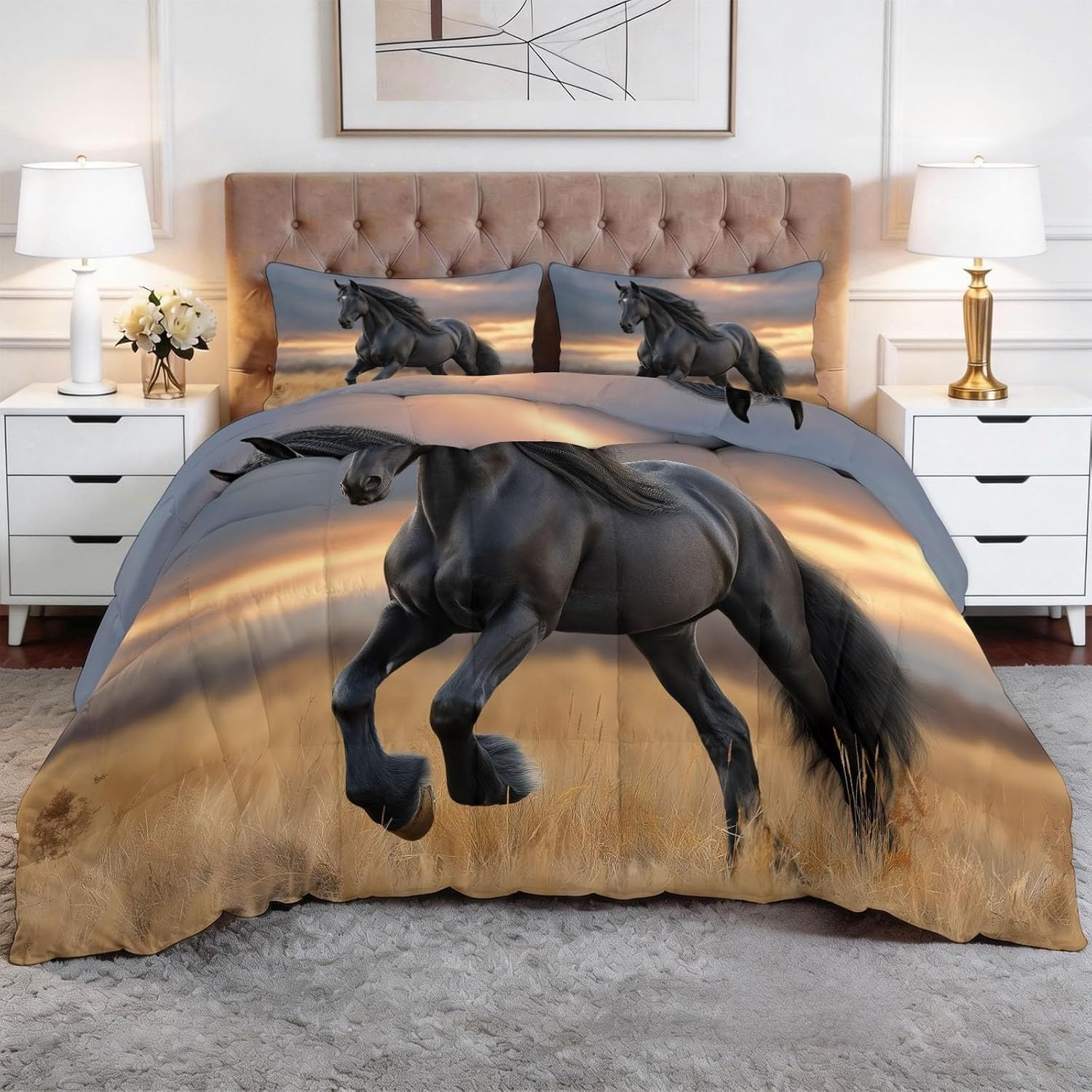 Couette 240x260 chaude chevaux au galop édredon microfibre douce lit double