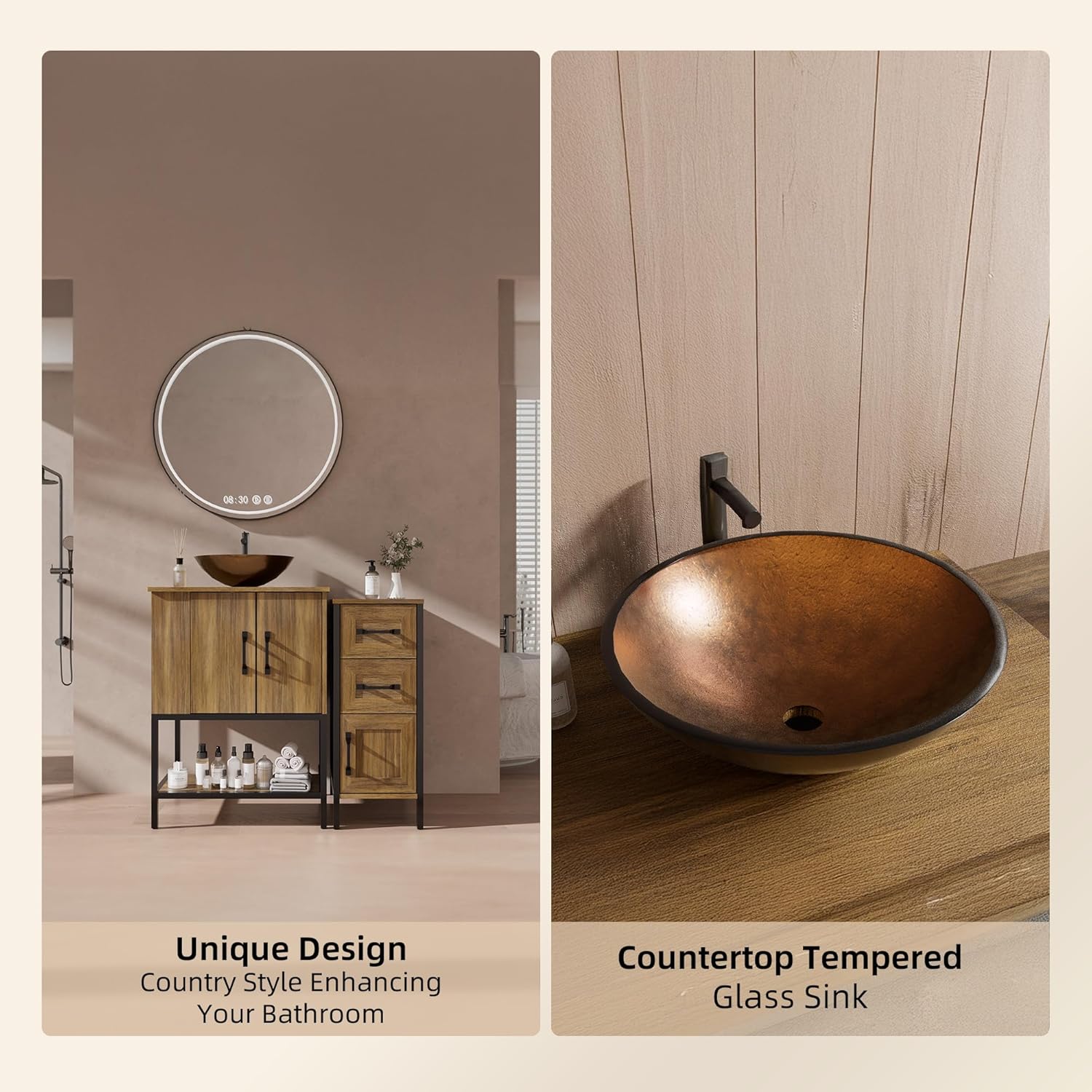 VNN Bathroom Vanity with Sink - 36 Inch Bathroom Vanity with Sink, Open Shelves and 3 Storage Drawers Side Cabinet, Modern Iron Wood Cabinet with Countertop Tempered Glass Vessel, Oak