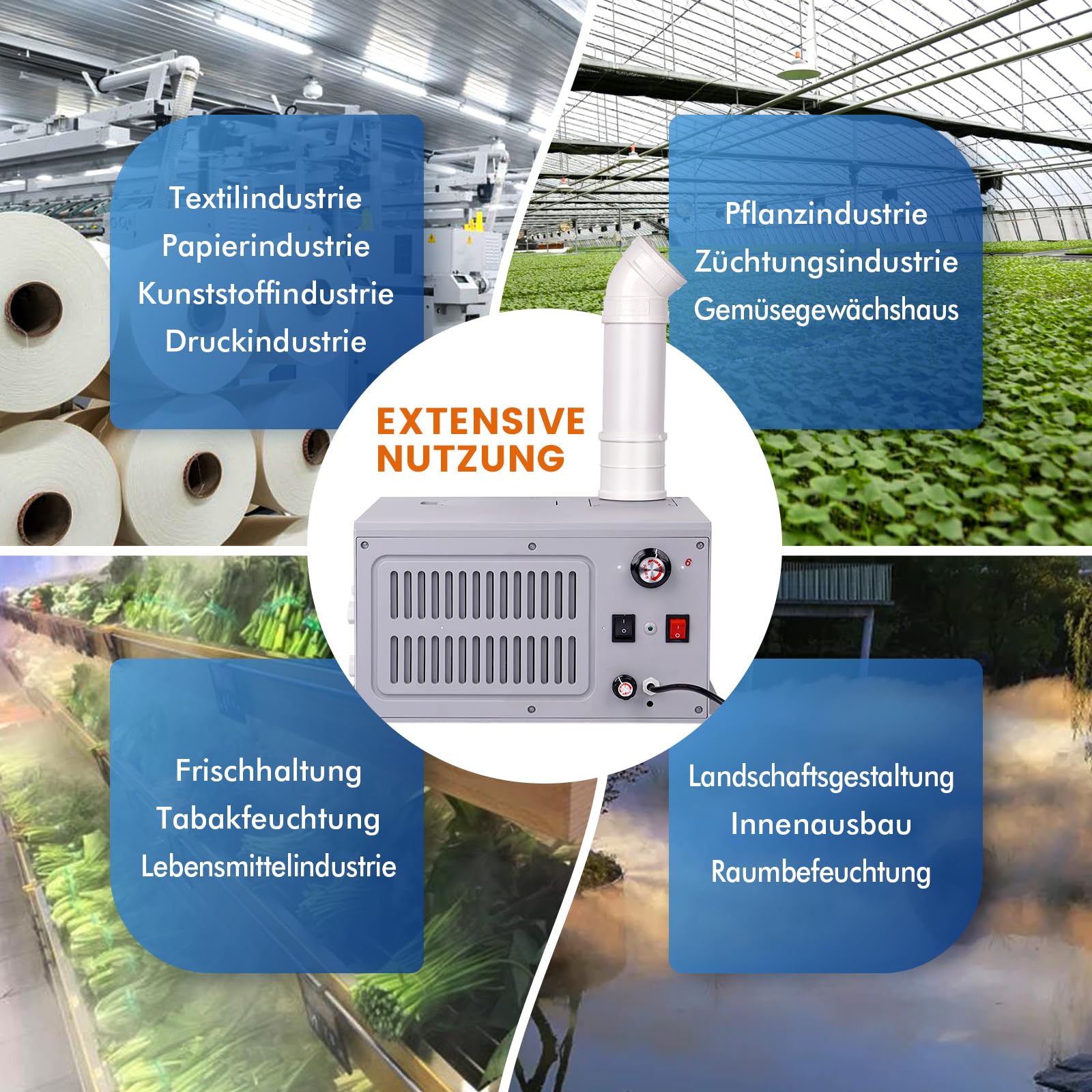 Industrieller Luftbefeuchter 270 M³/h Großes Volumen Mist Luftbefeuchter Ultraschall Nebelmaschine mit Universalfilter PVC-Rohr für Werkstatt Supermarkt Lager Pflanze Gemüse Gewächshaus