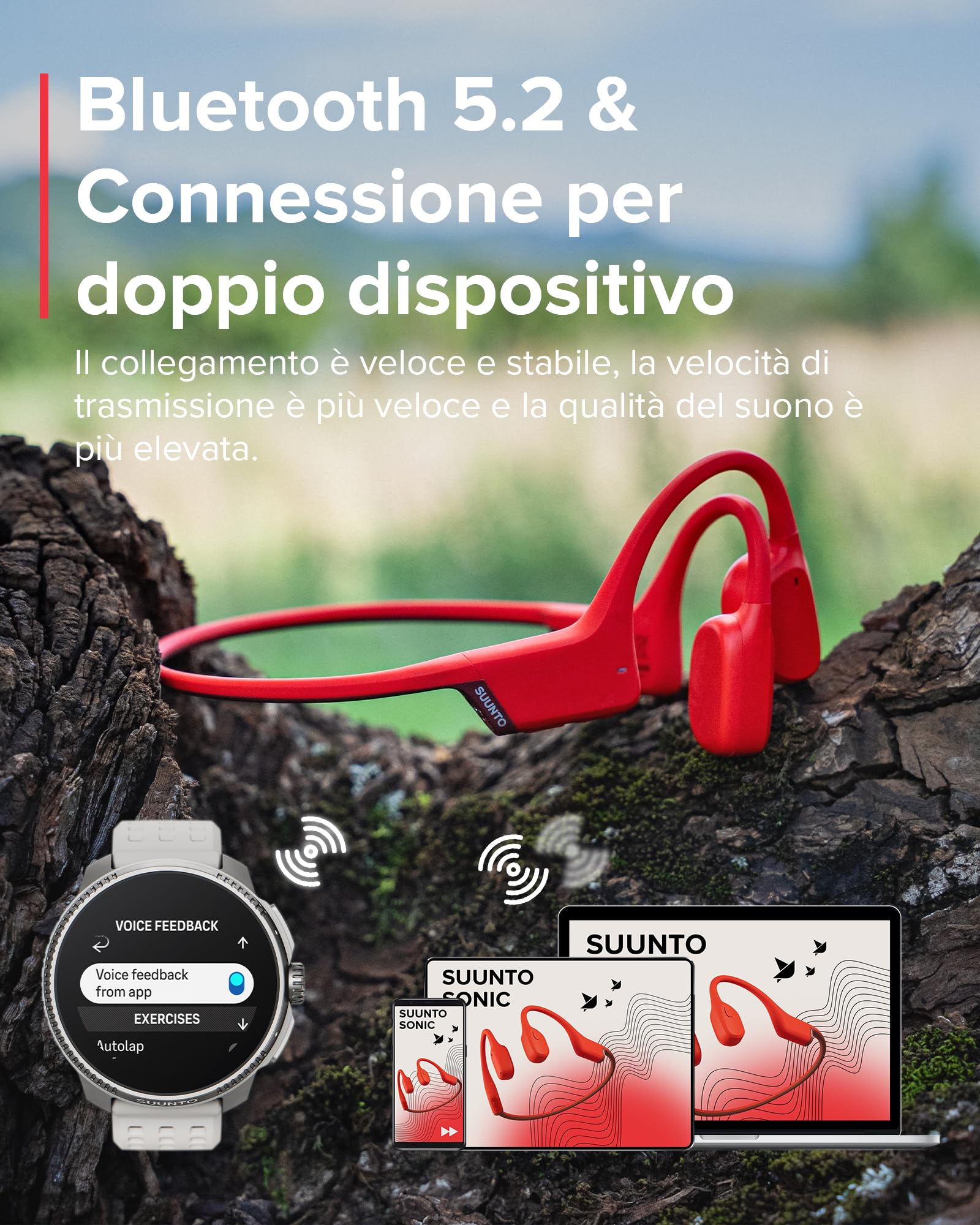 SUUNTO Sonic Cuffie Conduzione Ossea Senza Fili, Auricolari Sport Wireless Over-ear Bluetooth 5.2, Impermeabilità IP55 Waterproof, Eccellente Qualità del Suono, Autonomia di 10 Ore, per Corsa Running