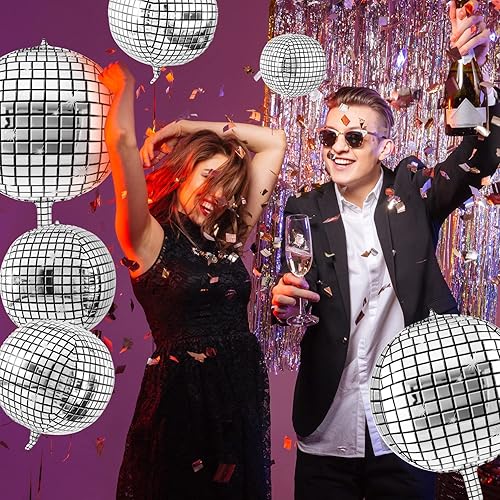 Miniatura 5 de Lewtemi 48 globos plateados de bola de discoteca de diferentes tamaños, globos de discoteca grandes 4D de 32 pulgadas, 22 pulgadas, 10 pulgadas,