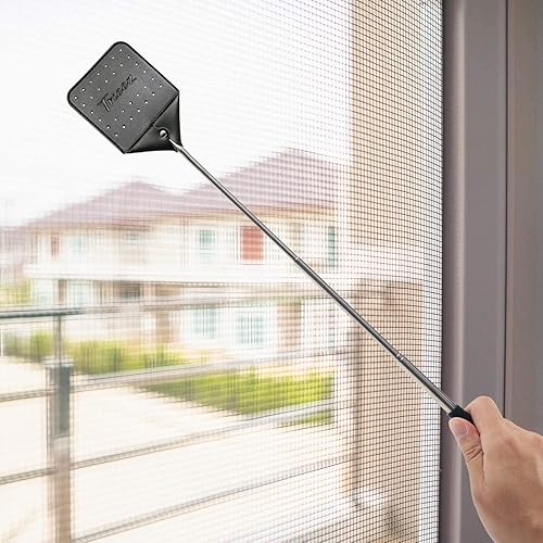 Miniatura 6 de Trieez Matamoscas largo, matamoscas de cuero resistente, matamoscas telescópico de alta resistencia con mango de acero inoxidable duradero,
