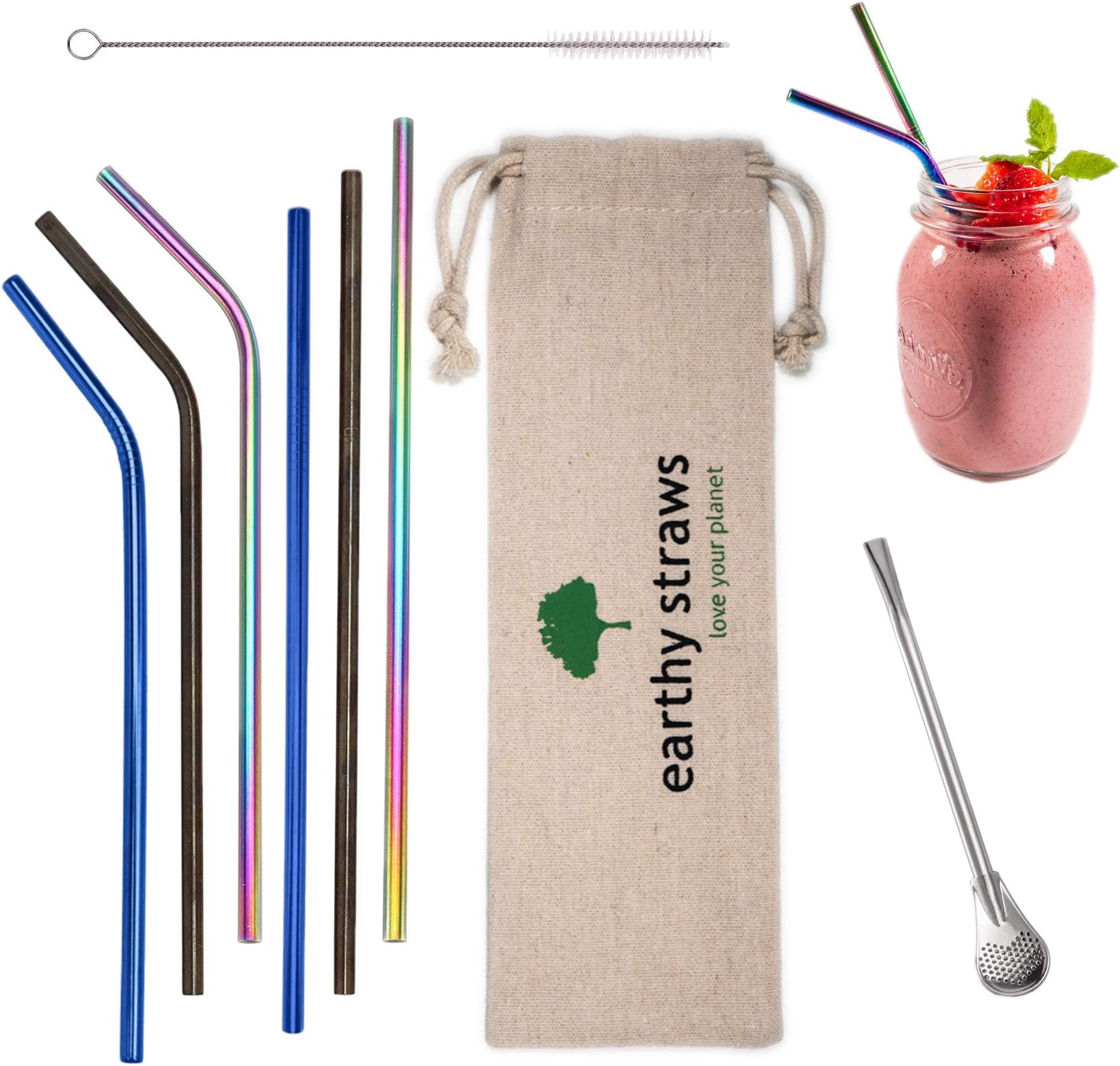 High Quality Reusable Drinking Straws | Premium, Eco-Friendly Stainless Steel Straws for Cocktails & Smoothies | Set of 6 in Black, Rainbow and Blue | + Free Cleaning Brush and Cotton Travel Bag