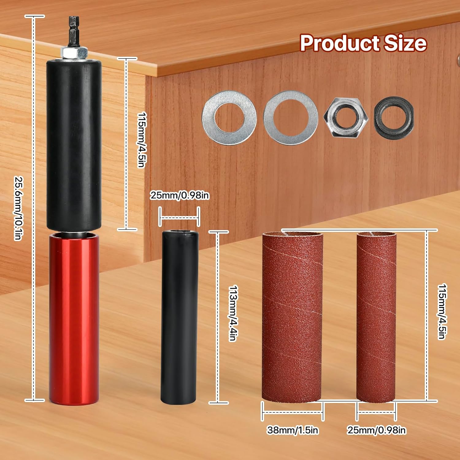 Hand-Held Rubber Sanding Drum for Drill - 4-1/2" x 1-1/2" and 4-1/2" x 1", Spindle Sander Adapter for Power Drill, Drum Sanding Sleeves for Wood and Metal