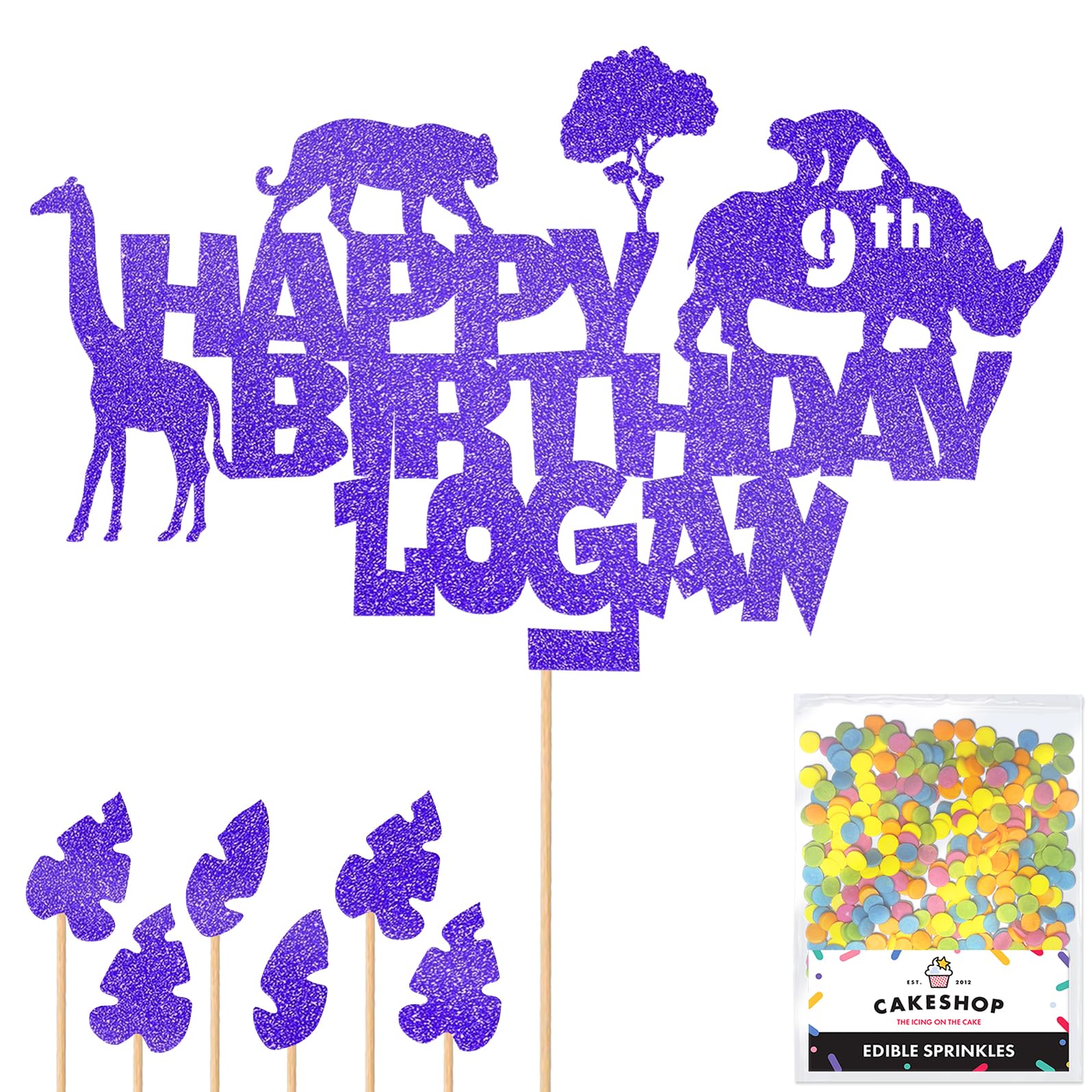 Personalised Jungle Animals Glitter Cake Topper- Blue Any Custom Age & Name Glitter Cake Decoration and Sprinkles - Happy Birthday Decorations - Personalised Toppers for Cakes by Cakeshop — image 1