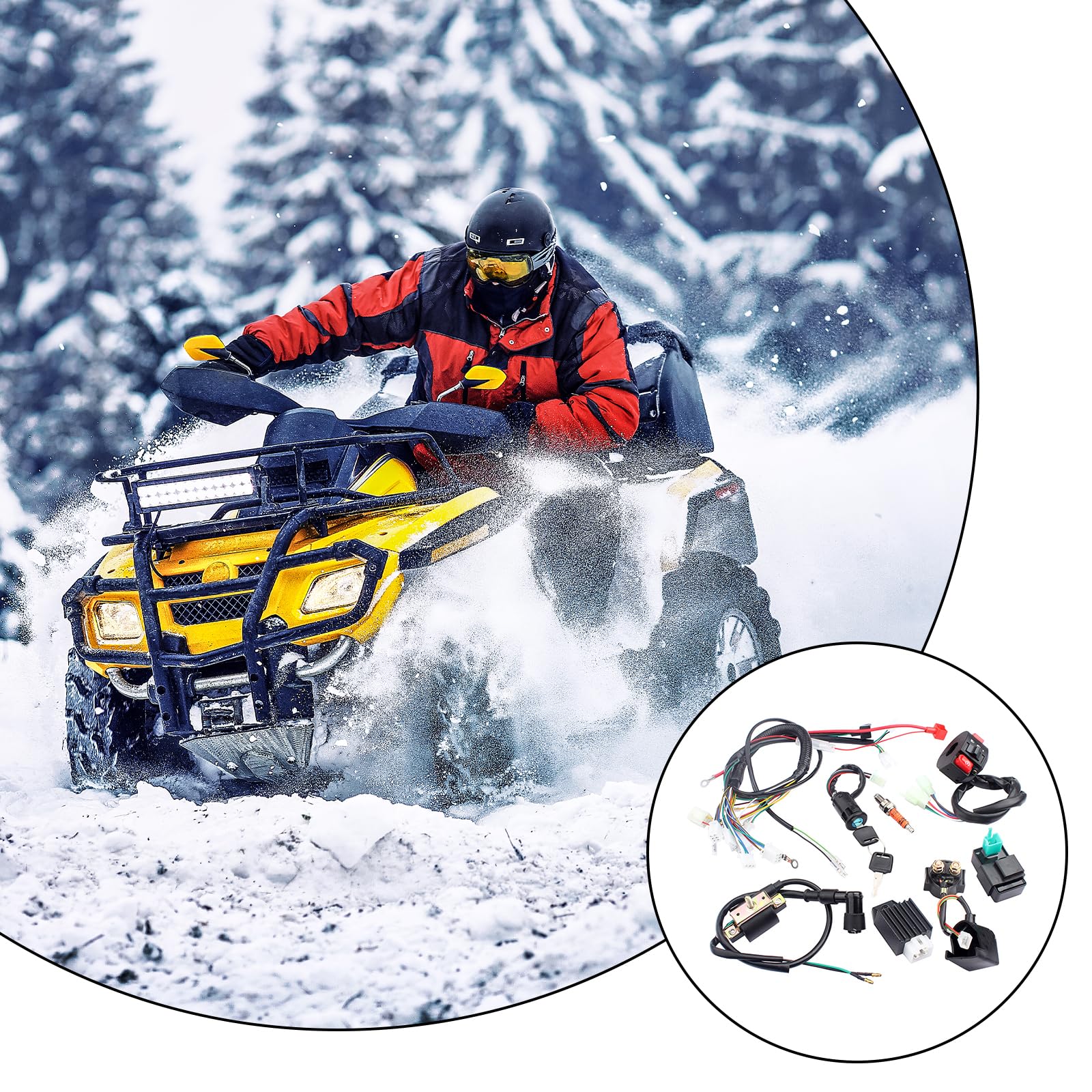 Kit complet de faisceau de câbles pour 50-125 cc ATV/Quad/moto, serrure d'allumage avec clé CDI Bobine d'allumage Relais Régulateur Interrupteur Bougie d'allumage Quad Remplacement pour Dirt Bike