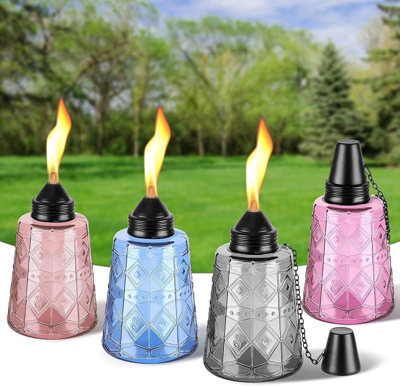 4-Pack Glass Table Top Torches - 12oz Refillable Citronella Torches Canisters for Outdoor, Includes Wick & Cap, Decorative Lanterns for Patio, Garden, Yard, Party