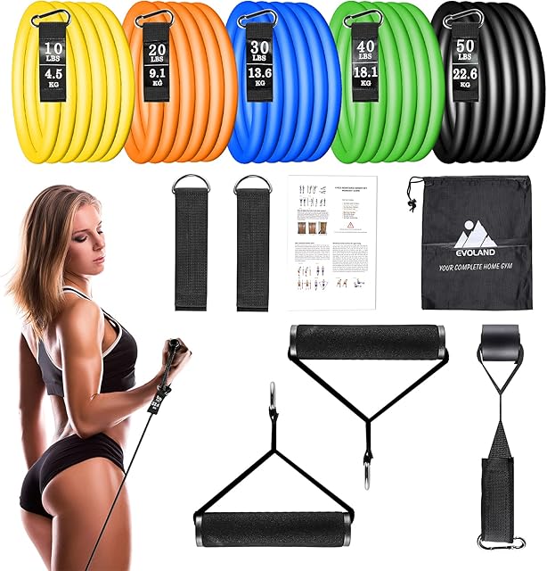 EVOLAND Resistance Bands Set, Exercise Bands for Home Workouts With 5 Fitness Resistance Tubes, 2 Foam Handles, 2 Ankle Straps, 1 Door Anchor, Carrying Bag, Home Gym Equipment for Full Body Training