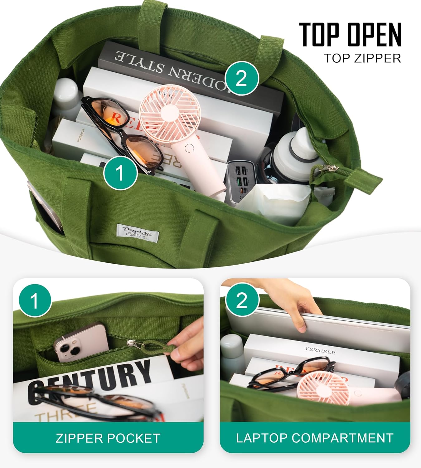 Extra Large Canvas Tote Bag for Women Men, Utility Work Bags with Zipper - Image 4