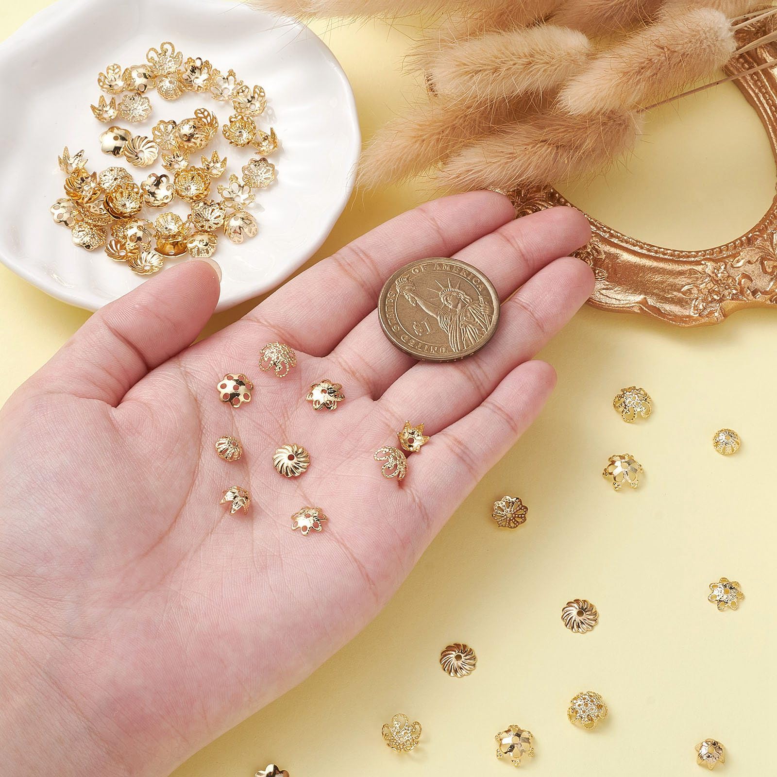 UR URLIFEHALL 100 Pcs 10 Styles Flower Bead Caps Gold Hollow Floral Bead End Caps Spacers for Jewellery Making DIY Crafts Decoration - Image 3
