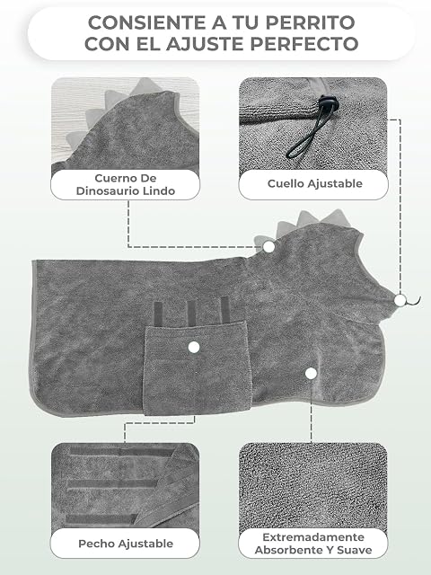 Foto 5 de 7 de Bibykivn Albornoz para Perros con Velcro, Albornoz para Perro de Microfibra Absorbente Dinosaurio