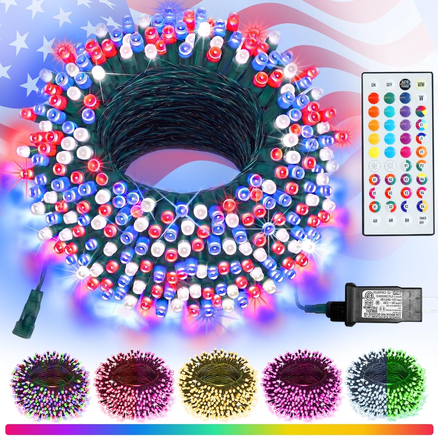 Color Changing Christmas String Lights with Remote, 4 Pack Total 66.6 FT 200 LED String Lights Indoor Outdoor Decoration, 35 Colors Twinkle Patriotic Lights for 4th of July Decorations