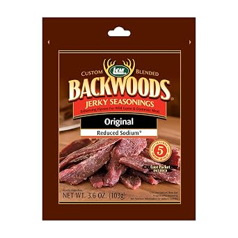 LEM Products Backwoods Reduced Sodium Original Jerky Seasoning, Ideal for Wild Game and Domestic Meat, Seasons Up to 5 Pounds of Meat, 3.6 Ounce Packet with Pre-Measured Cure Packet Included