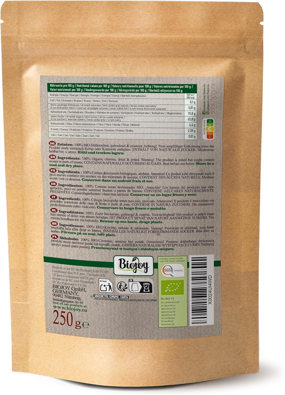 Biojoy Cerezas secas BÍO (250 g), sin hueso, sin azúcar añadido y azufre - Imagen 4