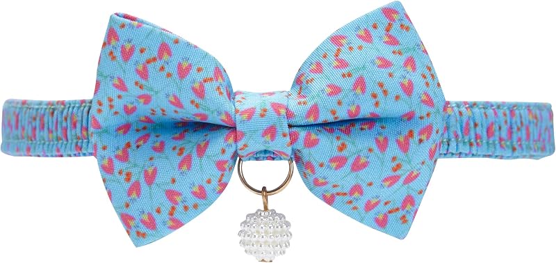 Coleira para Gatos com Laço Floral Blue Tulip, Fecho Breakaway e Pingente de Pérola Blueberry Pet — 21,59 a 30,48 cm