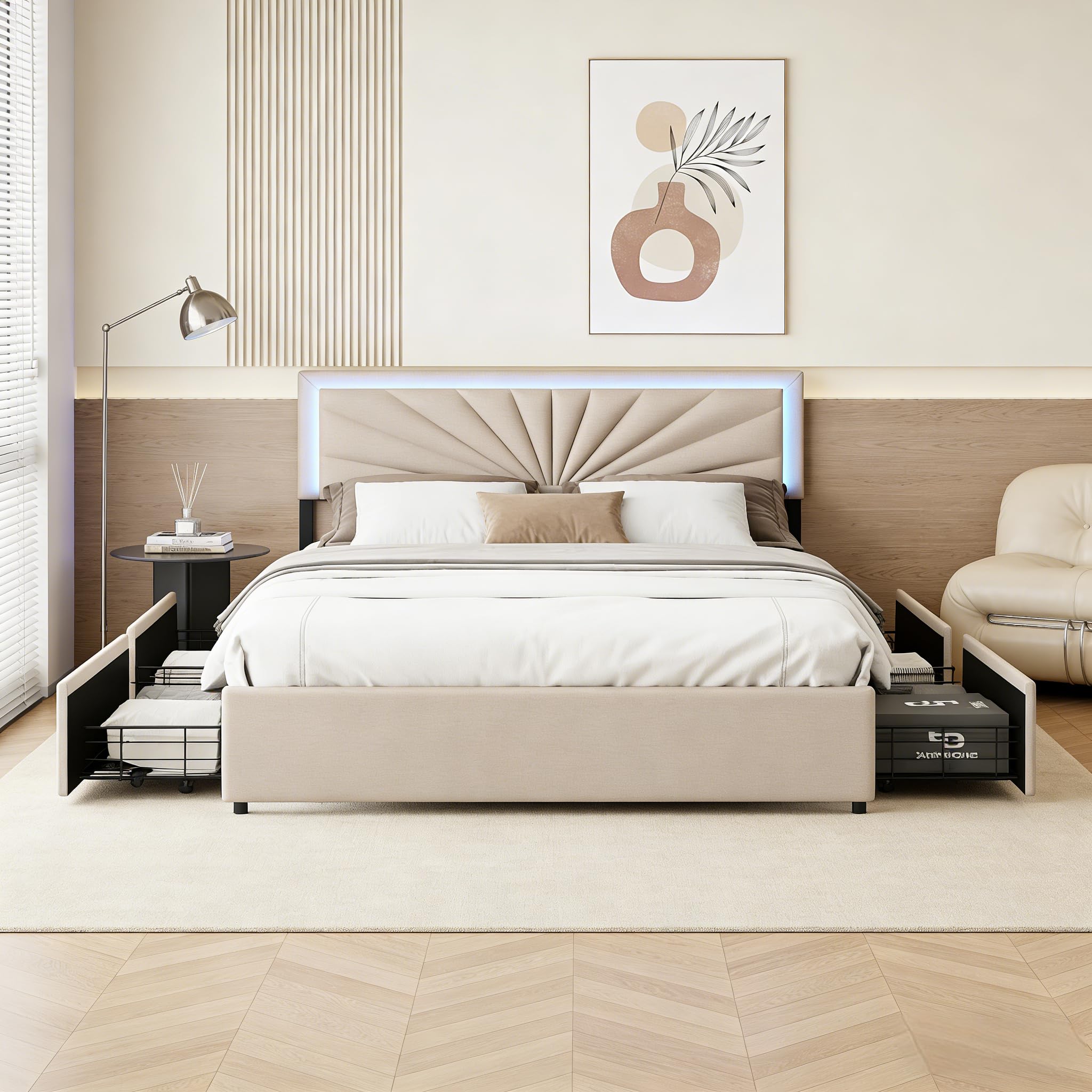 BRILVERDE Letto imbottito 160x200 con Contenitore, letto matrimoniale con LED, con 4 cassetti, letto funzionale con testiera, struttura letto con rete a doghe, Lino (Beige, 160 x 200 cm)