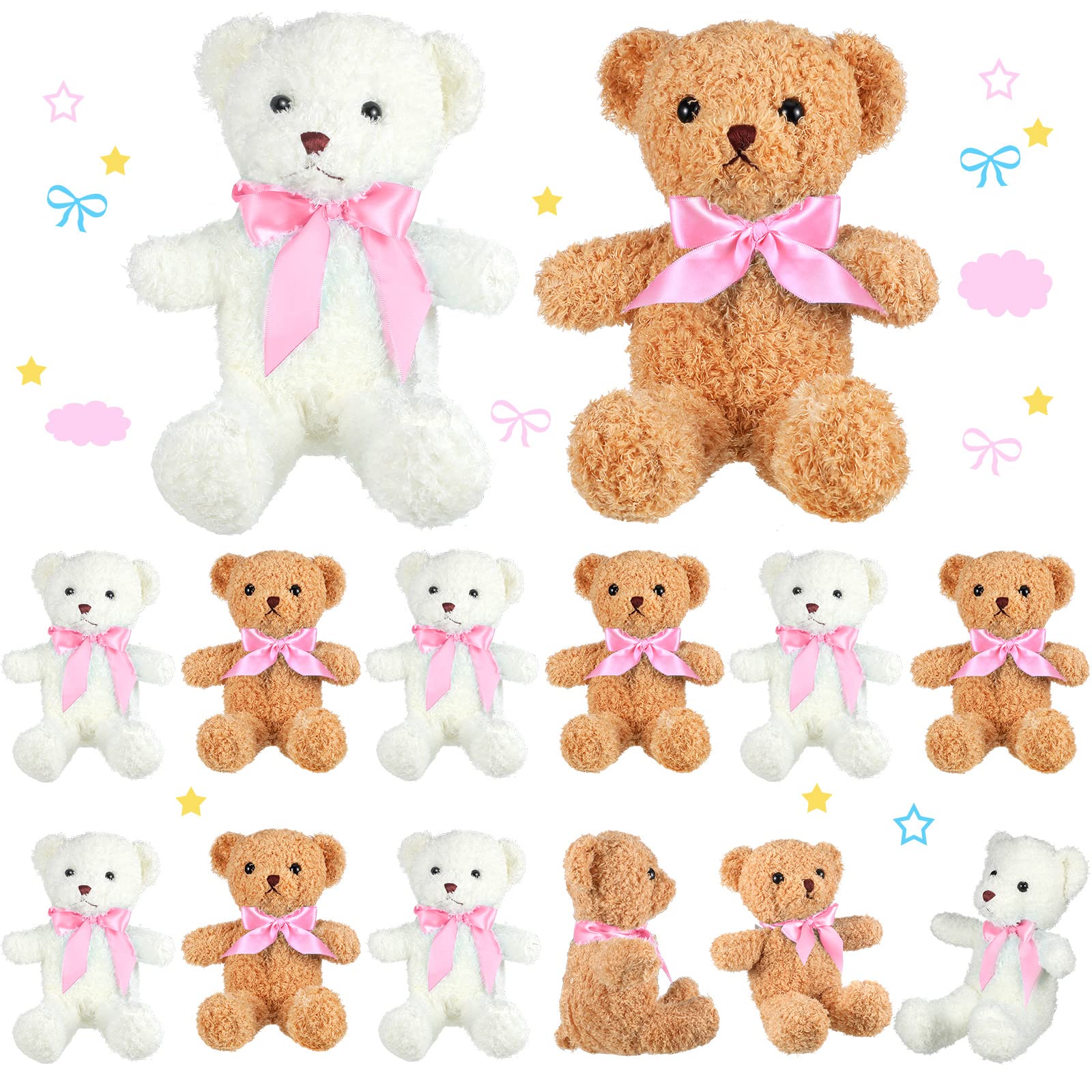 Kathfly 12 Pcs Mini Stuffed Bears Bulk 10 Inch Soft Small Plush Bears Bulk Cute Animal with Ribbon Bow Toy Gift for Birthday Wedding Party Brown White(Pink)