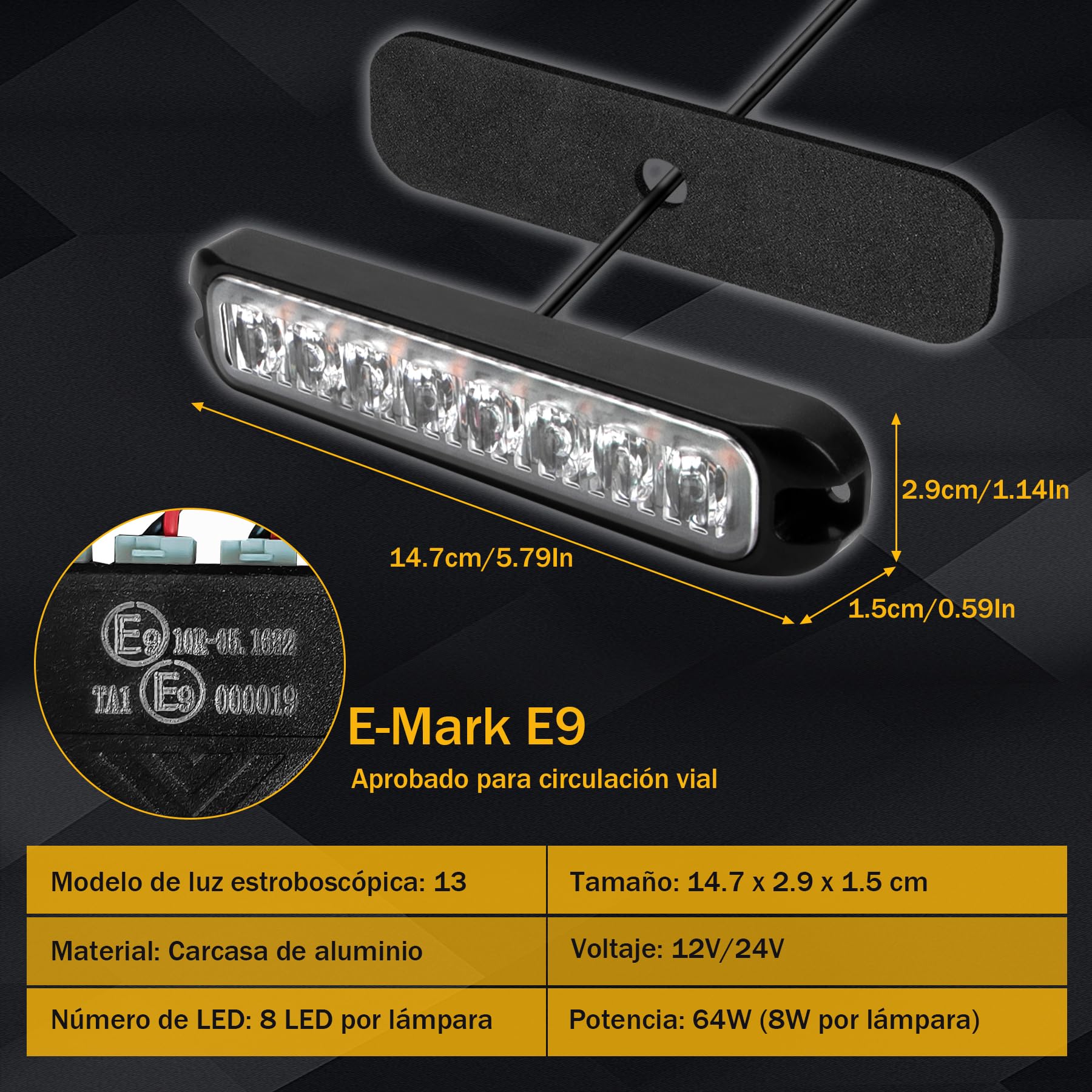 Luces Estroboscópicas LED Ámbar 12-24V Luz de Emergencia para Conductores, Rescatistas y Profesionales, Baliza Universal para Camión, Coche, SUV, 14 Modos, IP65, Seguridad Vial